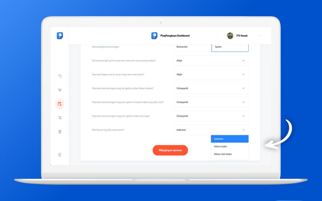Nieuwe instelmogelijkheid in PingPongbaas dashboard